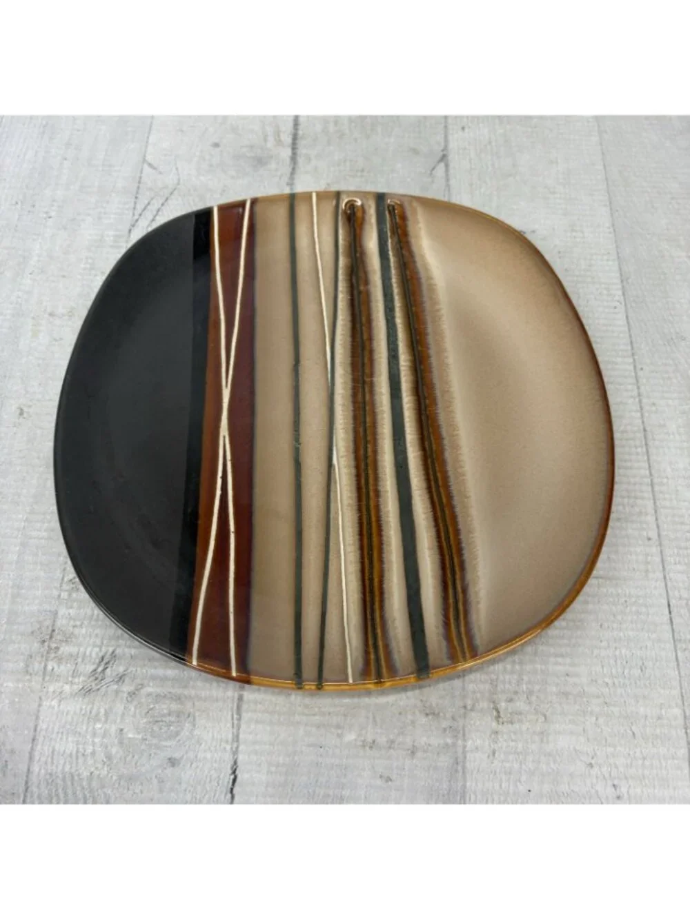 Home Trends BAZAAR BROWN Stoneware Square Stripe Coupe Lunch Salad Plate Set 2